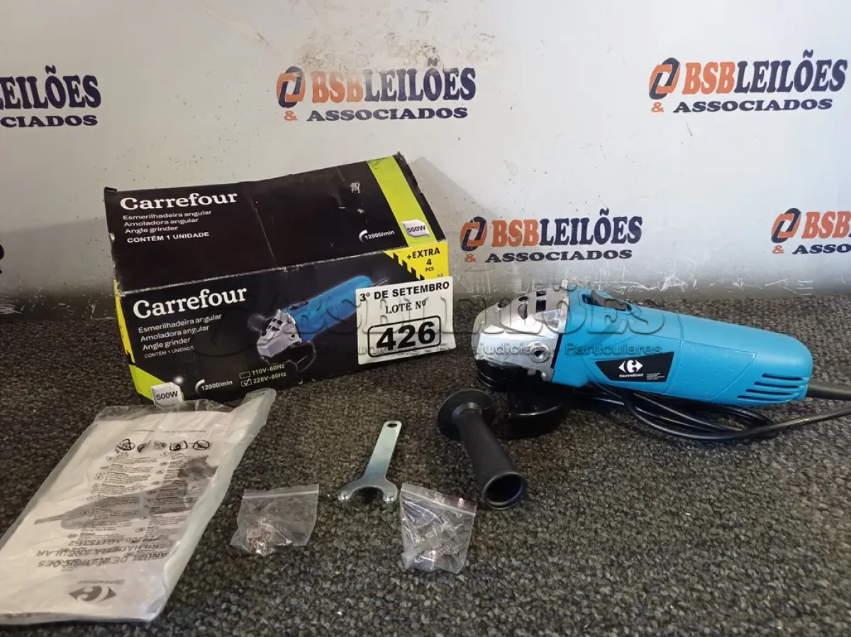 LOTE 426 - 01 ESMERILHADEIRA ANGULAR 500W 220V. (NO ESTADO) ATENÇÃO! FAZER A VISITAÇÃO ANTES DE ARREMATAR, NÃO SABEMOS SE FUNCIONA. LEILÃO NÃO TEM GARANTIA E NEM DEVOLUÇÃO, SUJEITO A POSSÍVEIS AVARIAS VISÍVEIS/OCULTAS E/OU AUSÊNCIA DE COMPONENTES.