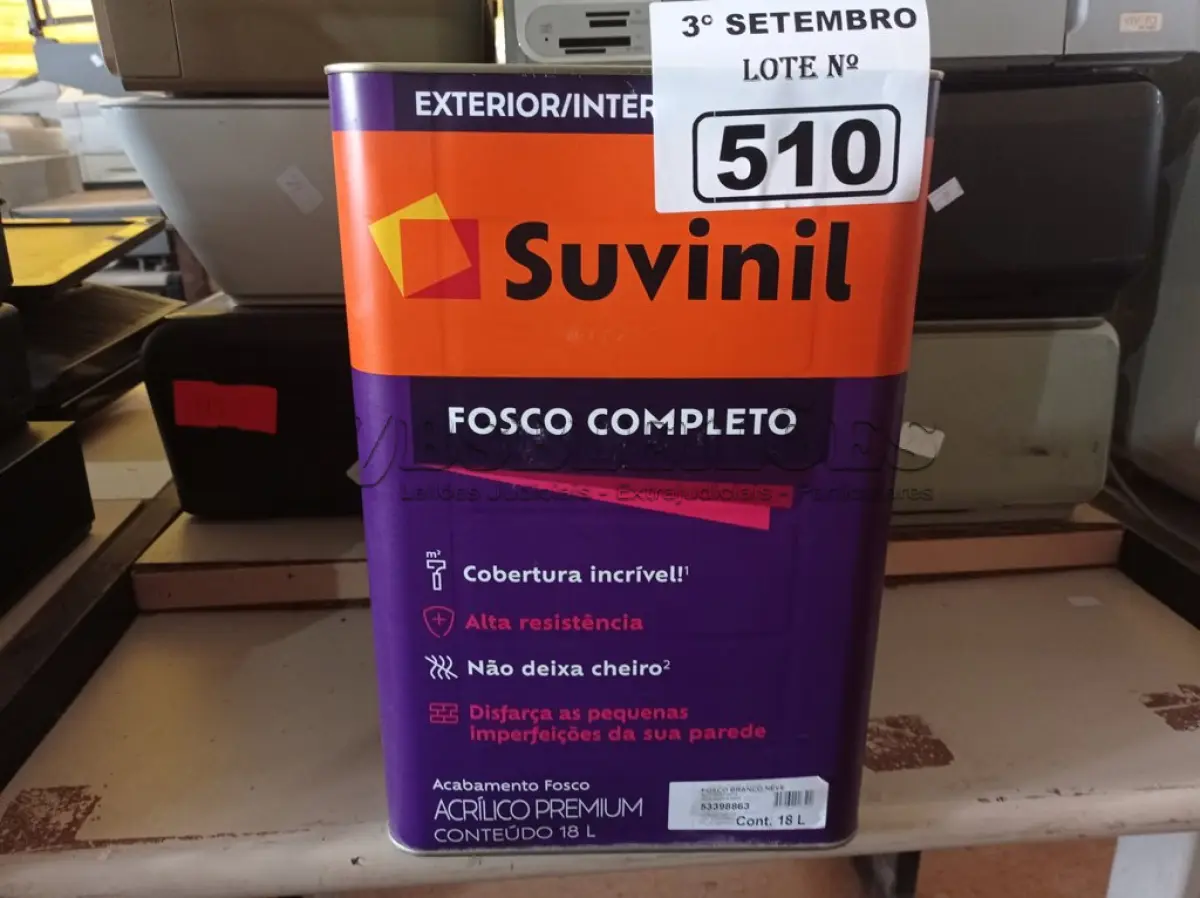 LOTE 510 - 01 LATA DE TINTA SUVINIL INTERIORES /EXTERIORES SEM CHEIRO 18L NA COR FOSCO BRANCO NEVE. (NO ESTADO) ATENÇÃO! FAZER A VISITAÇÃO ANTES DE ARREMATAR, NÃO SABEMOS SE FUNCIONA. LEILÃO NÃO TEM GARANTIA E NEM DEVOLUÇÃO, SUJEITO A POSSÍVEIS AVARIAS VISÍVEIS/OCULTAS E/OU AUSÊNCIA DE COMPONENTES.