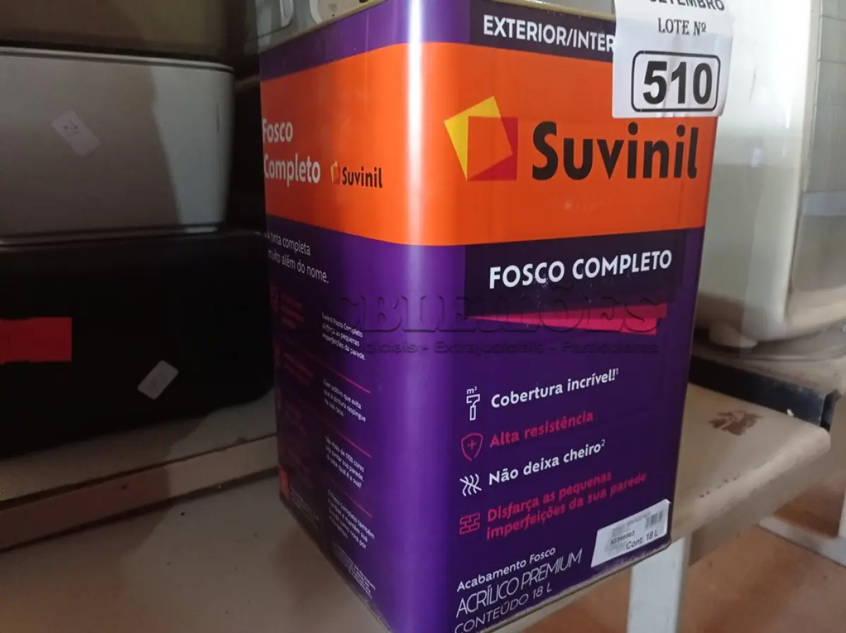 LOTE 510 - 01 LATA DE TINTA SUVINIL INTERIORES /EXTERIORES SEM CHEIRO 18L NA COR FOSCO BRANCO NEVE. (NO ESTADO) ATENÇÃO! FAZER A VISITAÇÃO ANTES DE ARREMATAR, NÃO SABEMOS SE FUNCIONA. LEILÃO NÃO TEM GARANTIA E NEM DEVOLUÇÃO, SUJEITO A POSSÍVEIS AVARIAS VISÍVEIS/OCULTAS E/OU AUSÊNCIA DE COMPONENTES.