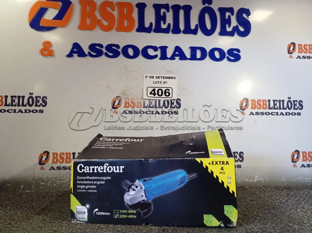 LOTE 406 - 01 ESMERILHADEIRA ANGULAR 500W 220V. (NO ESTADO) ATENÇÃO! FAZER A VISITAÇÃO ANTES DE ARREMATAR, NÃO SABEMOS SE FUNCIONA. LEILÃO NÃO TEM GARANTIA E NEM DEVOLUÇÃO, SUJEITO A POSSÍVEIS AVARIAS VISÍVEIS/OCULTAS E/OU AUSÊNCIA DE COMPONENTES.