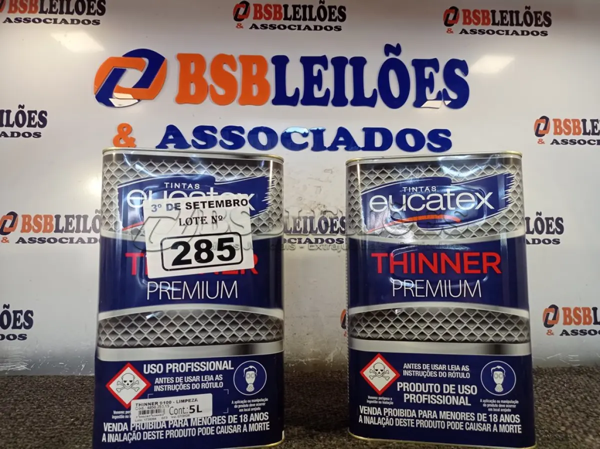 LOTE 285 - 02 GALÕES DE TINNER EUCATEX 5LITROS. (NO ESTADO) ATENÇÃO! FAZER A VISITAÇÃO ANTES DE ARREMATAR, NÃO SABEMOS SE FUNCIONA. LEILÃO NÃO TEM GARANTIA E NEM DEVOLUÇÃO, SUJEITO A POSSÍVEIS AVARIAS VISÍVEIS/OCULTAS E/OU AUSÊNCIA DE COMPONENTES.