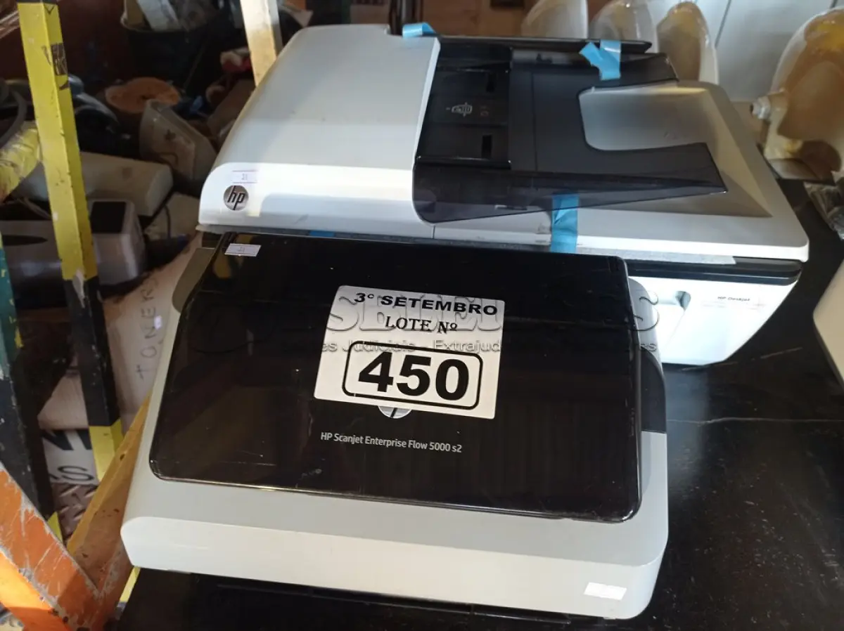 LOTE 450 - 01 IMPRESSORA MULTIFUNCIONAL HP DESKJET INK ADVANTAGE IA-2646 E 01 SCANER HP ENTERPRISE FLOW 5000S2. (NO ESTADO) ATENÇÃO! FAZER A VISITAÇÃO ANTES DE ARREMATAR, NÃO SABEMOS SE FUNCIONA. LEILÃO NÃO TEM GARANTIA E NEM DEVOLUÇÃO, SUJEITO A POSSÍVEIS AVARIAS VISÍVEIS/OCULTAS E/OU AUSÊNCIA DE COMPONENTES.