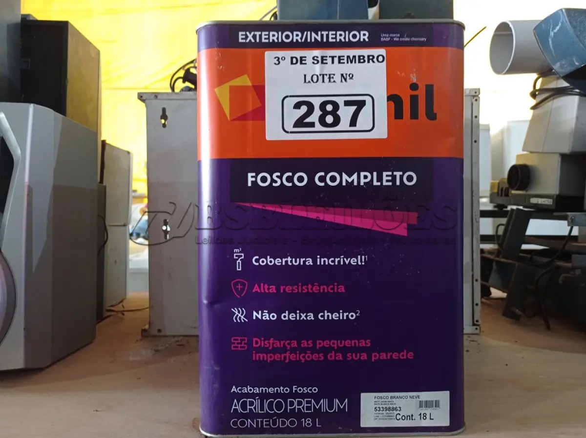 LOTE 287 - 01 LATA DE TINTA SUVINIL INTERIORES /EXTERIORES SEM CHEIRO 18L NA COR FOSCO BRANCO NEVE. (NO ESTADO) ATENÇÃO! FAZER A VISITAÇÃO ANTES DE ARREMATAR, NÃO SABEMOS SE FUNCIONA. LEILÃO NÃO TEM GARANTIA E NEM DEVOLUÇÃO, SUJEITO A POSSÍVEIS AVARIAS VISÍVEIS/OCULTAS E/OU AUSÊNCIA DE COMPONENTES.
