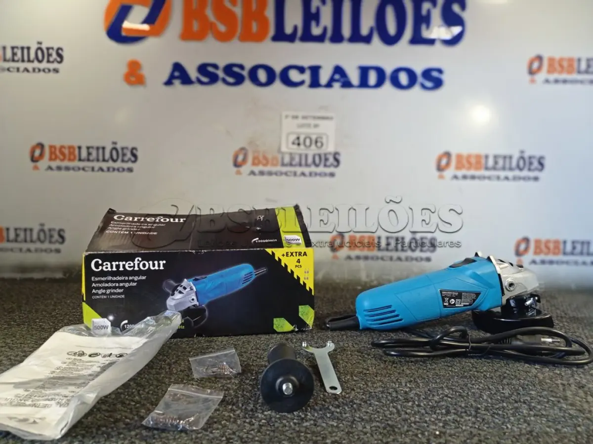 LOTE 406 - 01 ESMERILHADEIRA ANGULAR 500W 220V. (NO ESTADO) ATENÇÃO! FAZER A VISITAÇÃO ANTES DE ARREMATAR, NÃO SABEMOS SE FUNCIONA. LEILÃO NÃO TEM GARANTIA E NEM DEVOLUÇÃO, SUJEITO A POSSÍVEIS AVARIAS VISÍVEIS/OCULTAS E/OU AUSÊNCIA DE COMPONENTES.