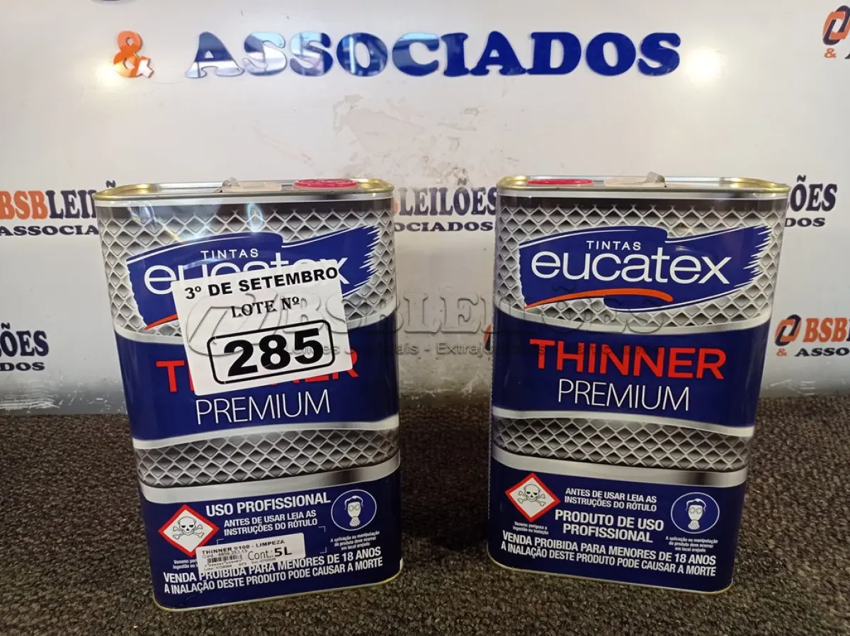 LOTE 285 - 02 GALÕES DE TINNER EUCATEX 5LITROS. (NO ESTADO) ATENÇÃO! FAZER A VISITAÇÃO ANTES DE ARREMATAR, NÃO SABEMOS SE FUNCIONA. LEILÃO NÃO TEM GARANTIA E NEM DEVOLUÇÃO, SUJEITO A POSSÍVEIS AVARIAS VISÍVEIS/OCULTAS E/OU AUSÊNCIA DE COMPONENTES.