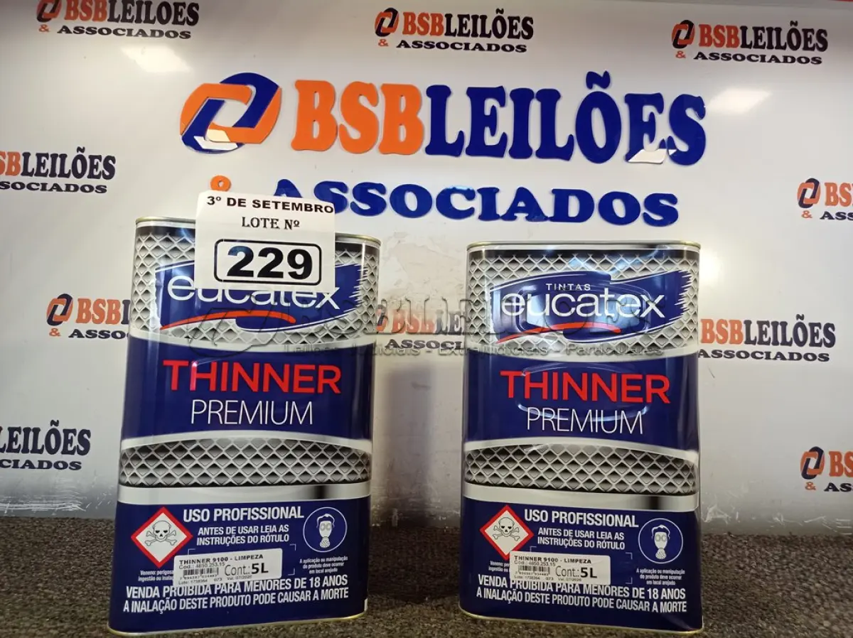 LOTE 229 - 02 GALÕES DE TINNER EUCATEX 5LITROS. (NO ESTADO) ATENÇÃO! FAZER A VISITAÇÃO ANTES DE ARREMATAR, NÃO SABEMOS SE FUNCIONA. LEILÃO NÃO TEM GARANTIA E NEM DEVOLUÇÃO, SUJEITO A POSSÍVEIS AVARIAS VISÍVEIS/OCULTAS E/OU AUSÊNCIA DE COMPONENTES.