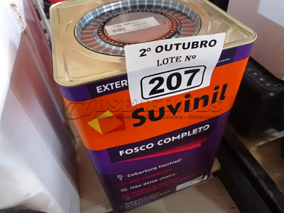 LOTE 207 - 01 LATA DE TINTA SUVINIL EXTERIORES/INTERIORES 18L NA COR FOSCO BRANCO NEVE. (NO ESTADO) ATENÇÃO! FAZER A VISITAÇÃO ANTES DE ARREMATAR, NÃO SABEMOS SE FUNCIONA. LEILÃO NÃO TEM GARANTIA E NEM DEVOLUÇÃO, SUJEITO A POSSÍVEIS AVARIAS VISÍVEIS/OCULTAS E/OU AUSÊNCIA DE COMPONENTES.