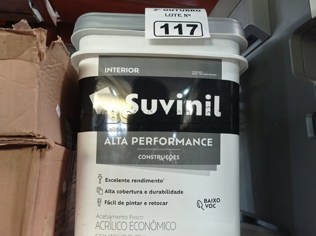 LOTE 117 - 01 BALDE DE TINTA SUVINIL INTERIORES NA COR FOSCO BRANCO 18L. (NO ESTADO) ATENÇÃO! FAZER A VISITAÇÃO ANTES DE ARREMATAR, NÃO SABEMOS SE FUNCIONA. LEILÃO NÃO TEM GARANTIA E NEM DEVOLUÇÃO, SUJEITO A POSSÍVEIS AVARIAS VISÍVEIS/OCULTAS E/OU AUSÊNCIA DE COMPONENTES.