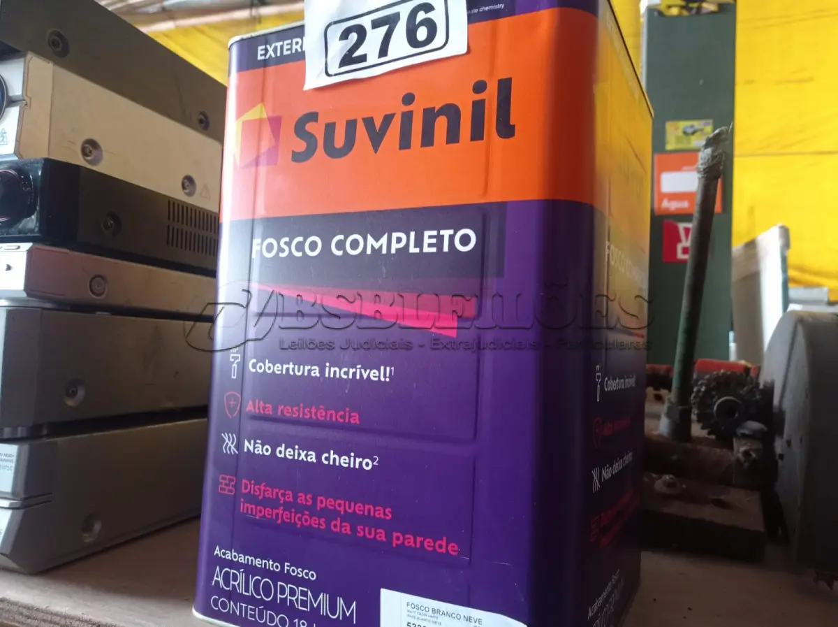 LOTE 276 - 01 LATA DE TINTA SUVINIL INTERIORES /EXTERIORES SEM CHEIRO 18L NA COR FOSCO BRANCO NEVE. (NO ESTADO) ATENÇÃO! FAZER A VISITAÇÃO ANTES DE ARREMATAR, NÃO SABEMOS SE FUNCIONA. LEILÃO NÃO TEM GARANTIA E NEM DEVOLUÇÃO, SUJEITO A POSSÍVEIS AVARIAS VISÍVEIS/OCULTAS E/OU AUSÊNCIA DE COMPONENTES.