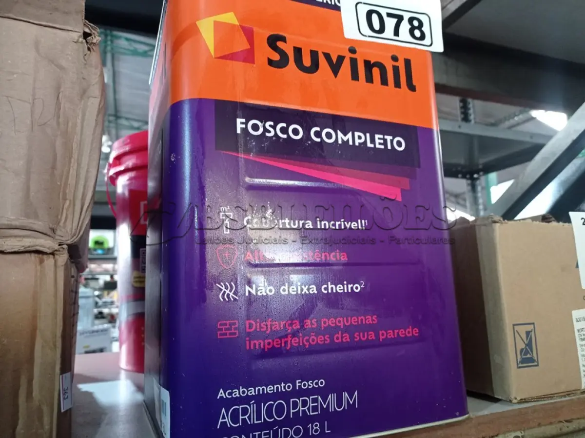 LOTE 078 - 01 LATA DE TINTA SUVINIL EXTERIORES/INTERIORES 18L NA COR FOSCO BRANCO NEVE. (NO ESTADO) ATENÇÃO! FAZER A VISITAÇÃO ANTES DE ARREMATAR, NÃO SABEMOS SE FUNCIONA. LEILÃO NÃO TEM GARANTIA E NEM DEVOLUÇÃO, SUJEITO A POSSÍVEIS AVARIAS VISÍVEIS/OCULTAS E/OU AUSÊNCIA DE COMPONENTES.