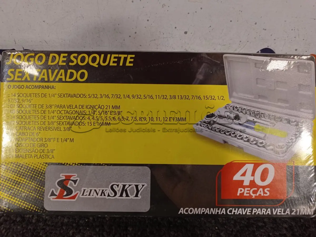 LOTE 011 - 01 JOGO DE SOQUETE SEXTAVADO COM 40 PEÇAS. (NO ESTADO) ATENÇÃO! FAZER A VISITAÇÃO ANTES DE ARREMATAR, NÃO SABEMOS SE FUNCIONA. LEILÃO NÃO TEM GARANTIA E NEM DEVOLUÇÃO, SUJEITO A POSSÍVEIS AVARIAS VISÍVEIS/OCULTAS E/OU AUSÊNCIA DE COMPONENTES.