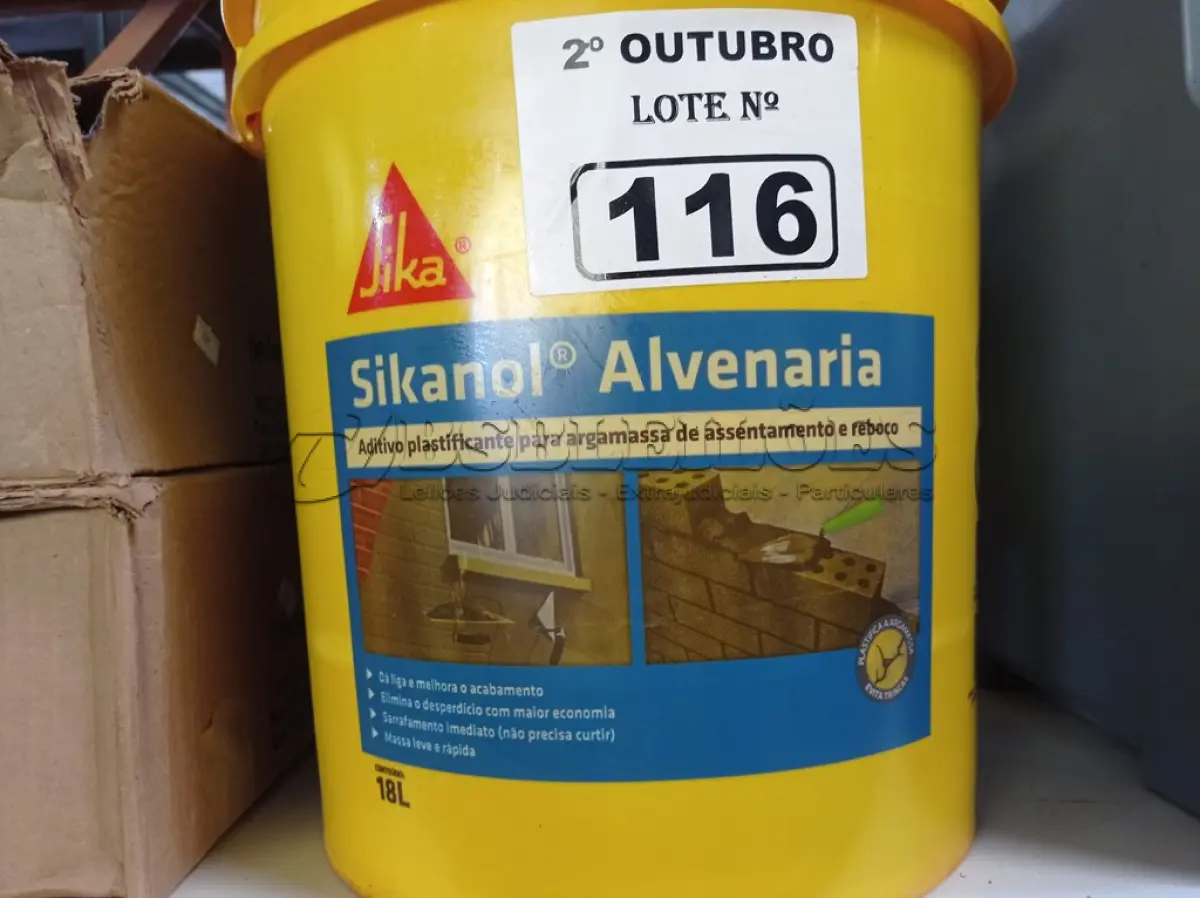 LOTE 116 - 01 BALDE DE SIKANOL ALVENARIA, ADITIVO PLASTIFICANTE PARA ARGAMASSA DE ASSENTAMENTO E REBOCO. (NO ESTADO) ATENÇÃO! FAZER A VISITAÇÃO ANTES DE ARREMATAR, NÃO SABEMOS SE FUNCIONA. LEILÃO NÃO TEM GARANTIA E NEM DEVOLUÇÃO, SUJEITO A POSSÍVEIS AVARIAS VISÍVEIS/OCULTAS E/OU AUSÊNCIA DE COMPONENTES.
