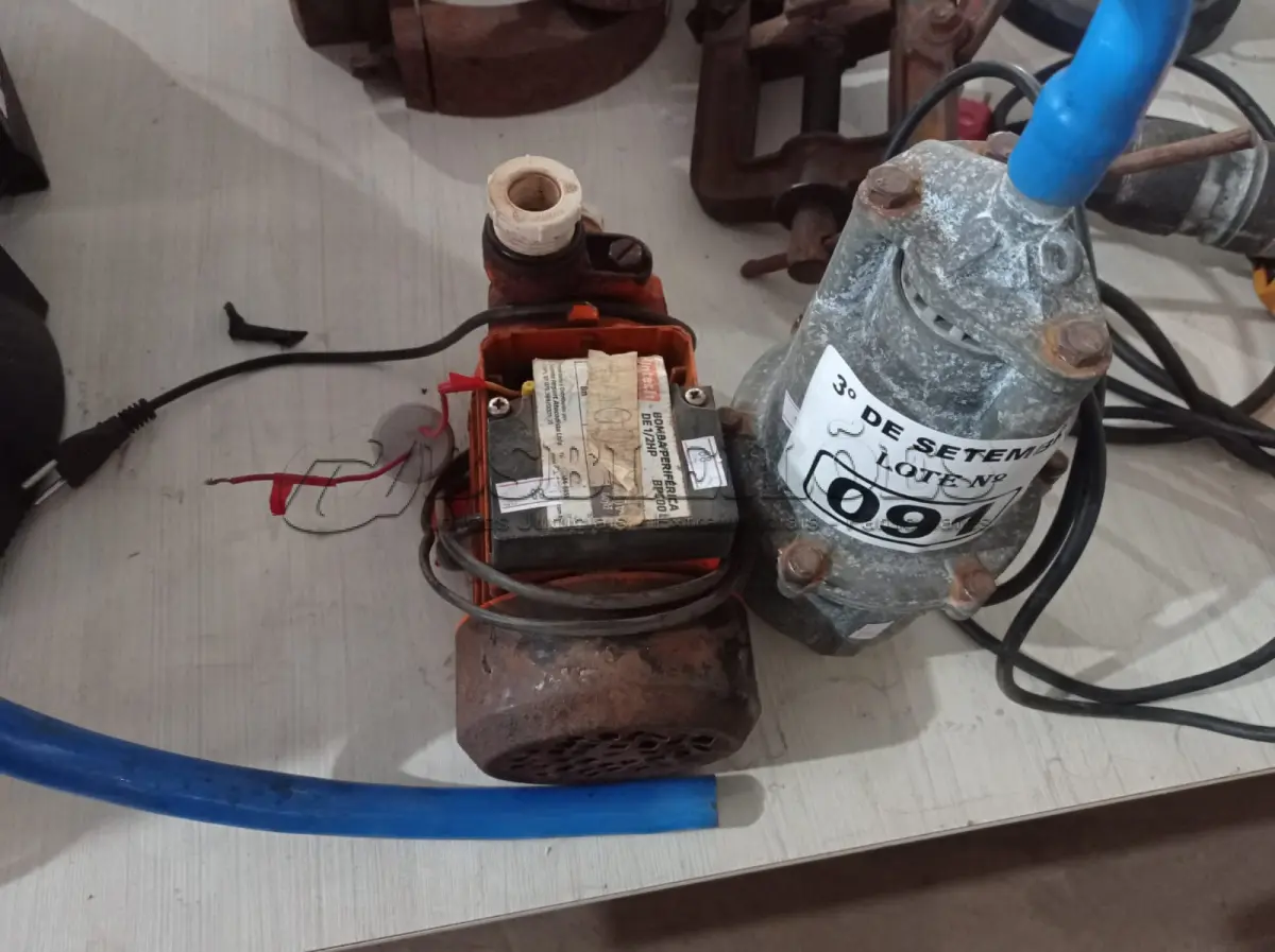 LOTE 091 - 02 BOMBAS D’AGUA MARCAS E MODELOS DIVERSOS. (NO ESTADO) ATENÇÃO! FAZER A VISITAÇÃO ANTES DE ARREMATAR, NÃO SABEMOS SE FUNCIONA. LEILÃO NÃO TEM GARANTIA E NEM DEVOLUÇÃO, SUJEITO A POSSÍVEIS AVARIAS VISÍVEIS/OCULTAS E/OU AUSÊNCIA DE COMPONENTES.
