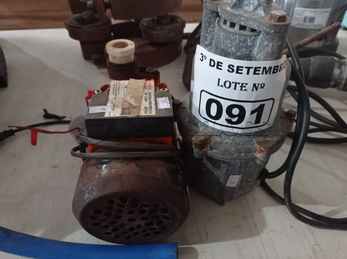 LOTE 091 - 02 BOMBAS D’AGUA MARCAS E MODELOS DIVERSOS. (NO ESTADO) ATENÇÃO! FAZER A VISITAÇÃO ANTES DE ARREMATAR, NÃO SABEMOS SE FUNCIONA. LEILÃO NÃO TEM GARANTIA E NEM DEVOLUÇÃO, SUJEITO A POSSÍVEIS AVARIAS VISÍVEIS/OCULTAS E/OU AUSÊNCIA DE COMPONENTES.