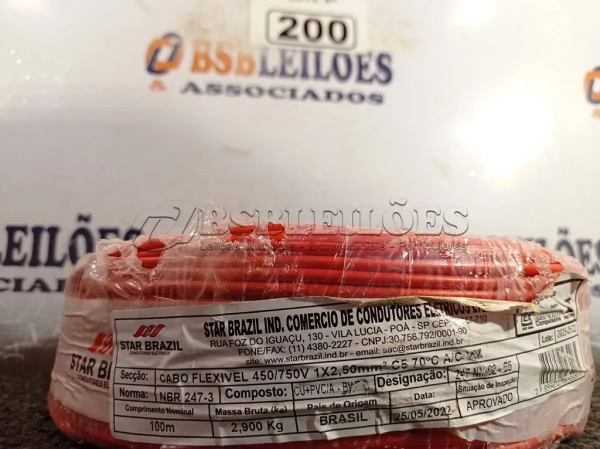 LOTE 200 - 01 ROLO DE CABO FLEXÍVEL 100M 2,5MM NA COR VERMELHA. (NO ESTADO) ATENÇÃO! FAZER A VISITAÇÃO ANTES DE ARREMATAR, NÃO SABEMOS SE FUNCIONA. LEILÃO NÃO TEM GARANTIA E NEM DEVOLUÇÃO, SUJEITO A POSSÍVEIS AVARIAS VISÍVEIS/OCULTAS E/OU AUSÊNCIA DE COMPONENTES.