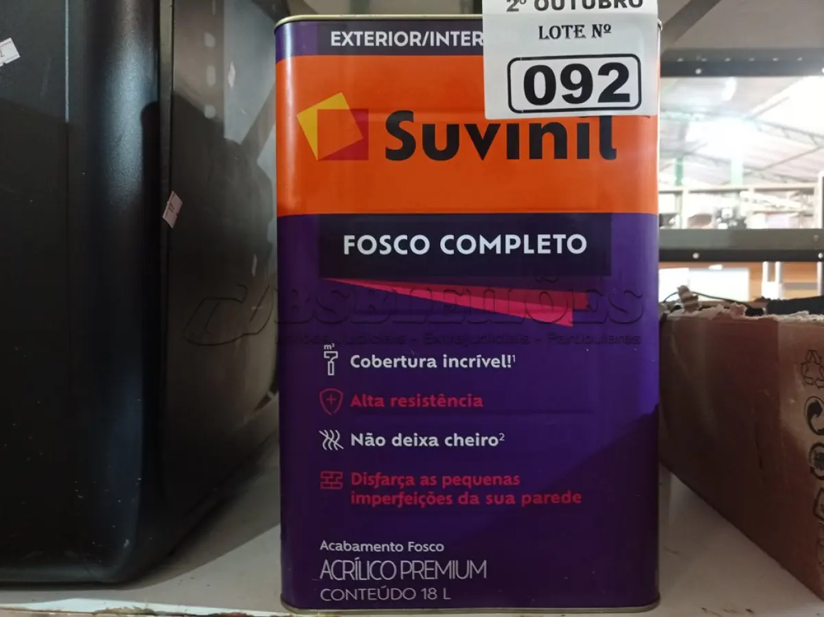 LOTE 092 - 01 LATA DE TINTA SUVINIL EXTERIORES/INTERIORES 18L NA COR FOSCO BRANCO NEVE. (NO ESTADO) ATENÇÃO! FAZER A VISITAÇÃO ANTES DE ARREMATAR, NÃO SABEMOS SE FUNCIONA. LEILÃO NÃO TEM GARANTIA E NEM DEVOLUÇÃO, SUJEITO A POSSÍVEIS AVARIAS VISÍVEIS/OCULTAS E/OU AUSÊNCIA DE COMPONENTES.