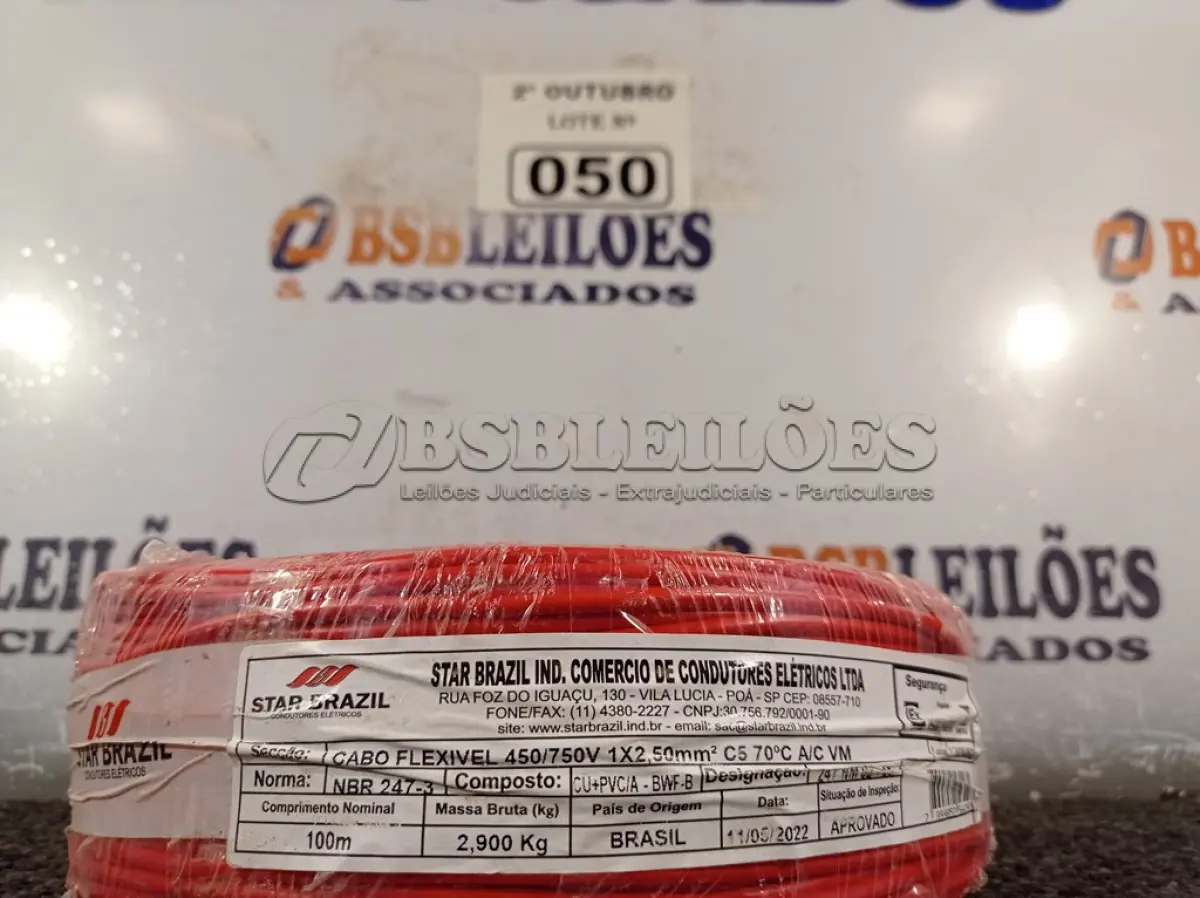 LOTE 050 - 01 ROLO DE CABO FLEXÍVEL 100M 2,5MM NA COR VERMELHA. (NO ESTADO) ATENÇÃO! FAZER A VISITAÇÃO ANTES DE ARREMATAR, NÃO SABEMOS SE FUNCIONA. LEILÃO NÃO TEM GARANTIA E NEM DEVOLUÇÃO, SUJEITO A POSSÍVEIS AVARIAS VISÍVEIS/OCULTAS E/OU AUSÊNCIA DE COMPONENTES.