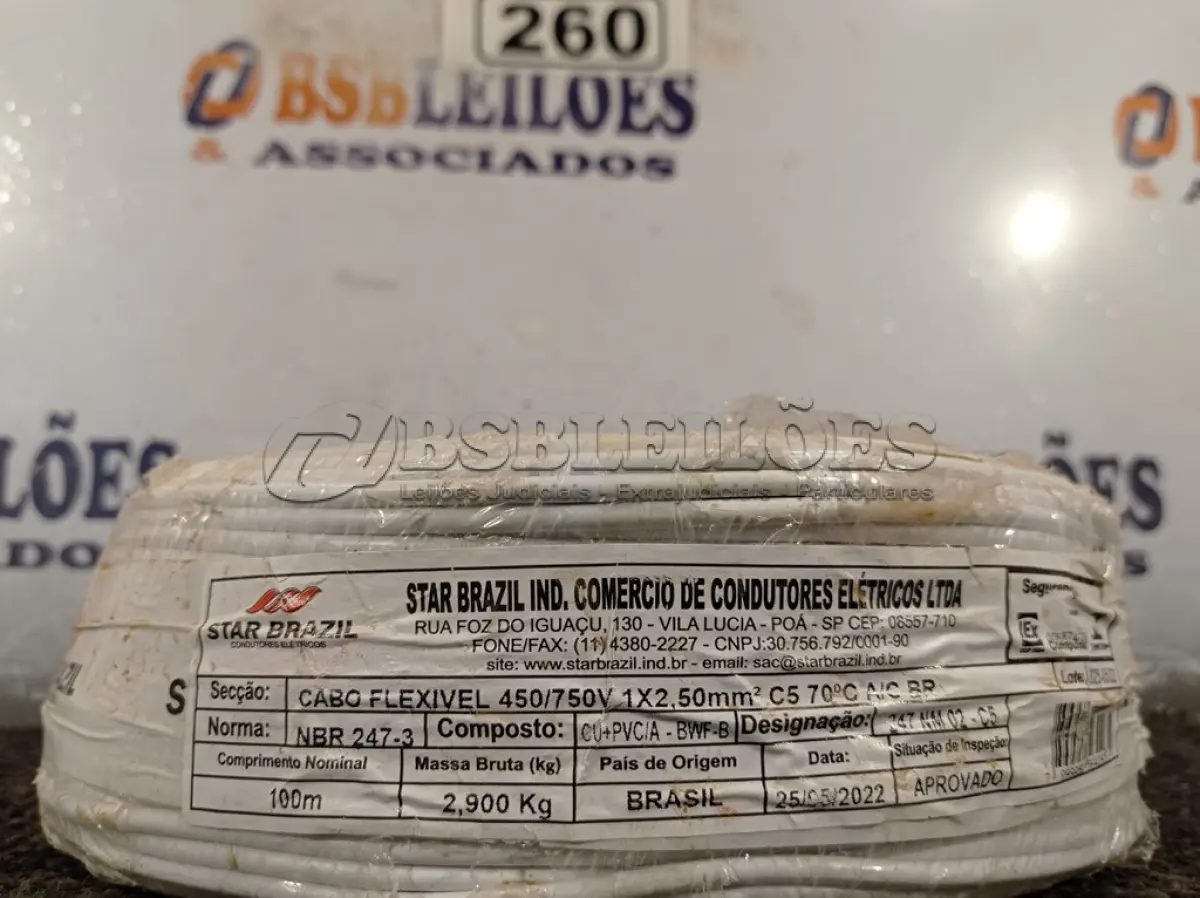 LOTE 260 - 01 ROLO DE CABO FLEXÍVEL 100M 2,5MM NA COR AZUL. (NO ESTADO) ATENÇÃO! FAZER A VISITAÇÃO ANTES DE ARREMATAR, NÃO SABEMOS SE FUNCIONA. LEILÃO NÃO TEM GARANTIA E NEM DEVOLUÇÃO, SUJEITO A POSSÍVEIS AVARIAS VISÍVEIS/OCULTAS E/OU AUSÊNCIA DE COMPONENTES.