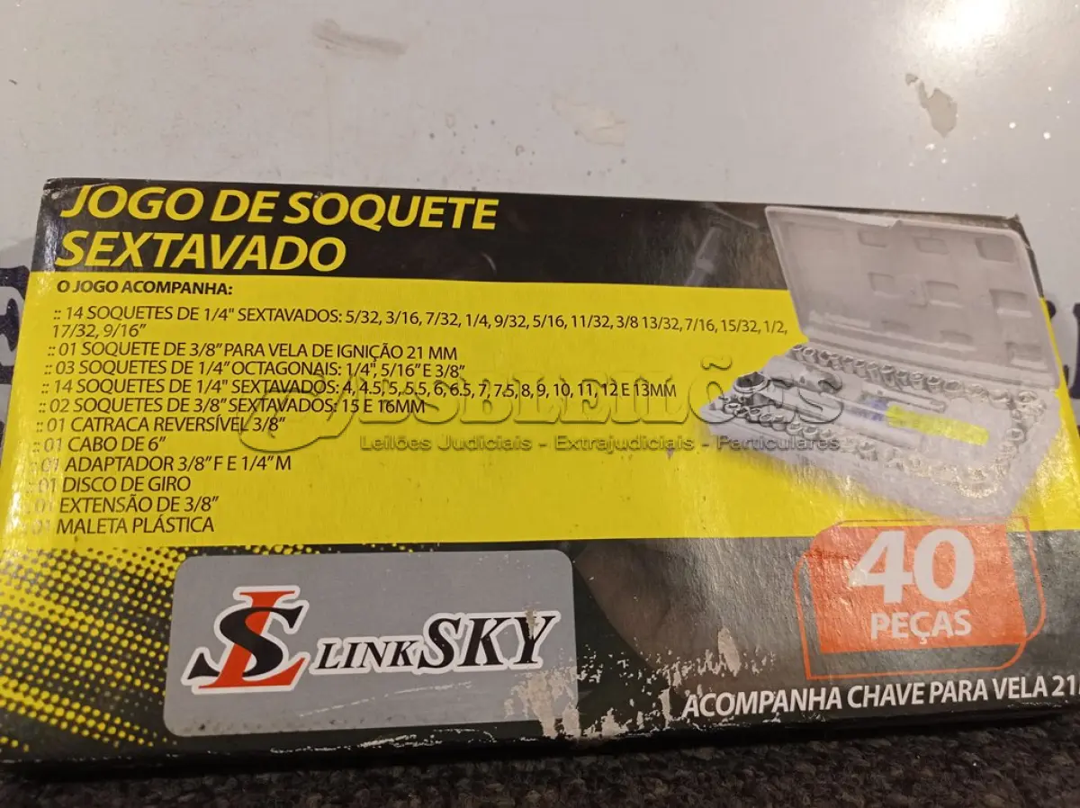 LOTE 028 - 01 JOGO DE SOQUETE SEXTAVADO COM 40 PEÇAS. (NO ESTADO) ATENÇÃO! FAZER A VISITAÇÃO ANTES DE ARREMATAR, NÃO SABEMOS SE FUNCIONA. LEILÃO NÃO TEM GARANTIA E NEM DEVOLUÇÃO, SUJEITO A POSSÍVEIS AVARIAS VISÍVEIS/OCULTAS E/OU AUSÊNCIA DE COMPONENTES.