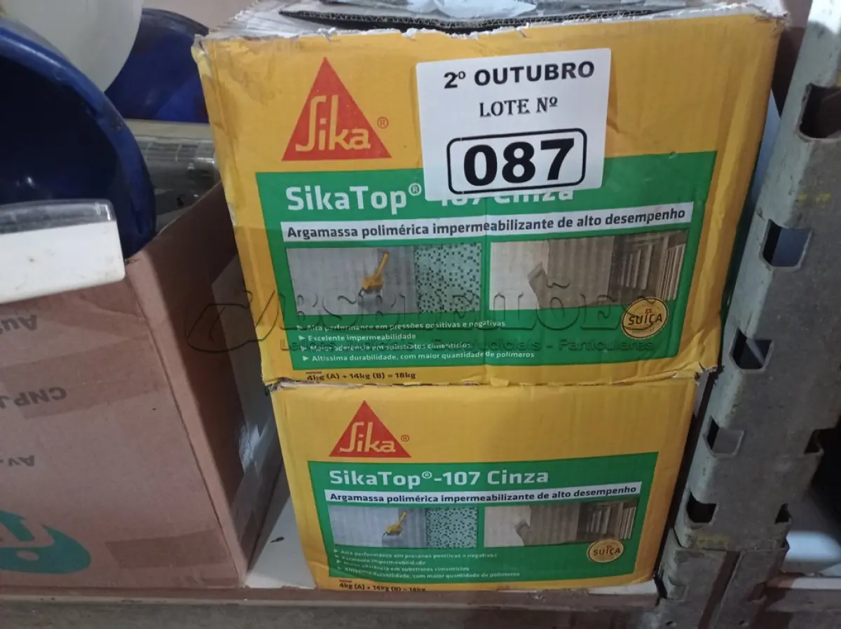 LOTE 087 - 02 CAIXAS DE SIKA TOP 107 CINZA, ARGAMASSA POLIMÉRICA DE ALTO DESEMPENHO. (NO ESTADO) ATENÇÃO! FAZER A VISITAÇÃO ANTES DE ARREMATAR, NÃO SABEMOS SE FUNCIONA. LEILÃO NÃO TEM GARANTIA E NEM DEVOLUÇÃO, SUJEITO A POSSÍVEIS AVARIAS VISÍVEIS/OCULTAS E/OU AUSÊNCIA DE COMPONENTES.