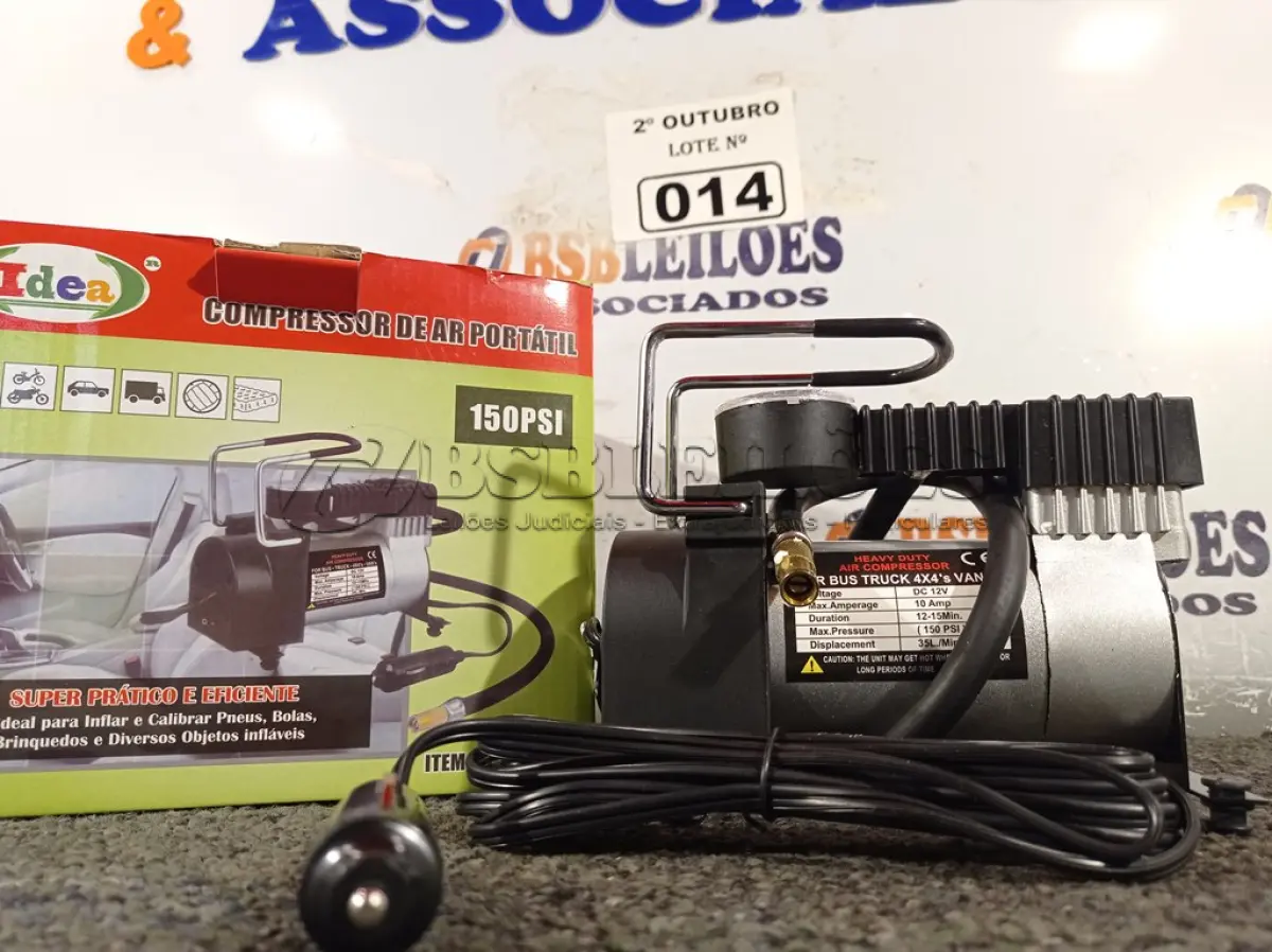 LOTE 014 - 01 MINI COMPRESSOR DE AR 12V 150 PSI. (NO ESTADO) ATENÇÃO! FAZER A VISITAÇÃO ANTES DE ARREMATAR, NÃO SABEMOS SE FUNCIONA. LEILÃO NÃO TEM GARANTIA E NEM DEVOLUÇÃO, SUJEITO A POSSÍVEIS AVARIAS VISÍVEIS/OCULTAS E/OU AUSÊNCIA DE COMPONENTES.