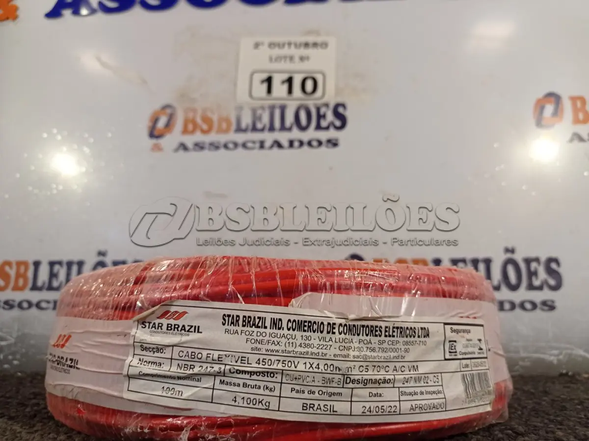 LOTE 110 - 01 ROLO DE CABO FLEXÍVEL 100M 4MM NA COR VERMELHA. (NO ESTADO) ATENÇÃO! FAZER A VISITAÇÃO ANTES DE ARREMATAR, NÃO SABEMOS SE FUNCIONA. LEILÃO NÃO TEM GARANTIA E NEM DEVOLUÇÃO, SUJEITO A POSSÍVEIS AVARIAS VISÍVEIS/OCULTAS E/OU AUSÊNCIA DE COMPONENTES.