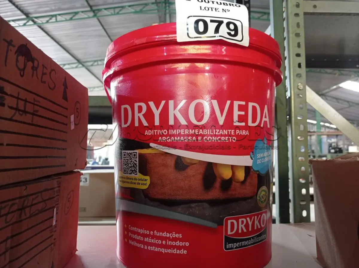 LOTE 079 - 01 BALDE DE DRYKOVEDA, ADITIVO IMPERMEABILIZANTE PARA ARGAMASSA E CONCRETO 18L. (NO ESTADO) ATENÇÃO! FAZER A VISITAÇÃO ANTES DE ARREMATAR, NÃO SABEMOS SE FUNCIONA. LEILÃO NÃO TEM GARANTIA E NEM DEVOLUÇÃO, SUJEITO A POSSÍVEIS AVARIAS VISÍVEIS/OCULTAS E/OU AUSÊNCIA DE COMPONENTES.