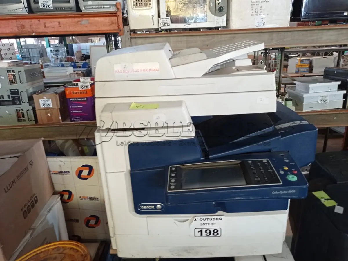 LOTE 198 - 02 IMPRESSORAS MARCAS XEROX SENDO 01 MULTIFUNCIONAL. (NO ESTADO) ATENÇÃO! FAZER A VISITAÇÃO ANTES DE ARREMATAR, NÃO SABEMOS SE FUNCIONA. LEILÃO NÃO TEM GARANTIA E NEM DEVOLUÇÃO, SUJEITO A POSSÍVEIS AVARIAS VISÍVEIS/OCULTAS E/OU AUSÊNCIA DE COMPONENTES.