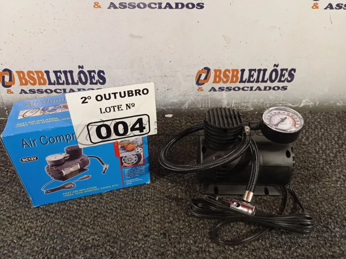 LOTE 004 - 01 MINI COMPRESSOR DE AR 12V. (NO ESTADO) ATENÇÃO! FAZER A VISITAÇÃO ANTES DE ARREMATAR, NÃO SABEMOS SE FUNCIONA. LEILÃO NÃO TEM GARANTIA E NEM DEVOLUÇÃO, SUJEITO A POSSÍVEIS AVARIAS VISÍVEIS/OCULTAS E/OU AUSÊNCIA DE COMPONENTES.