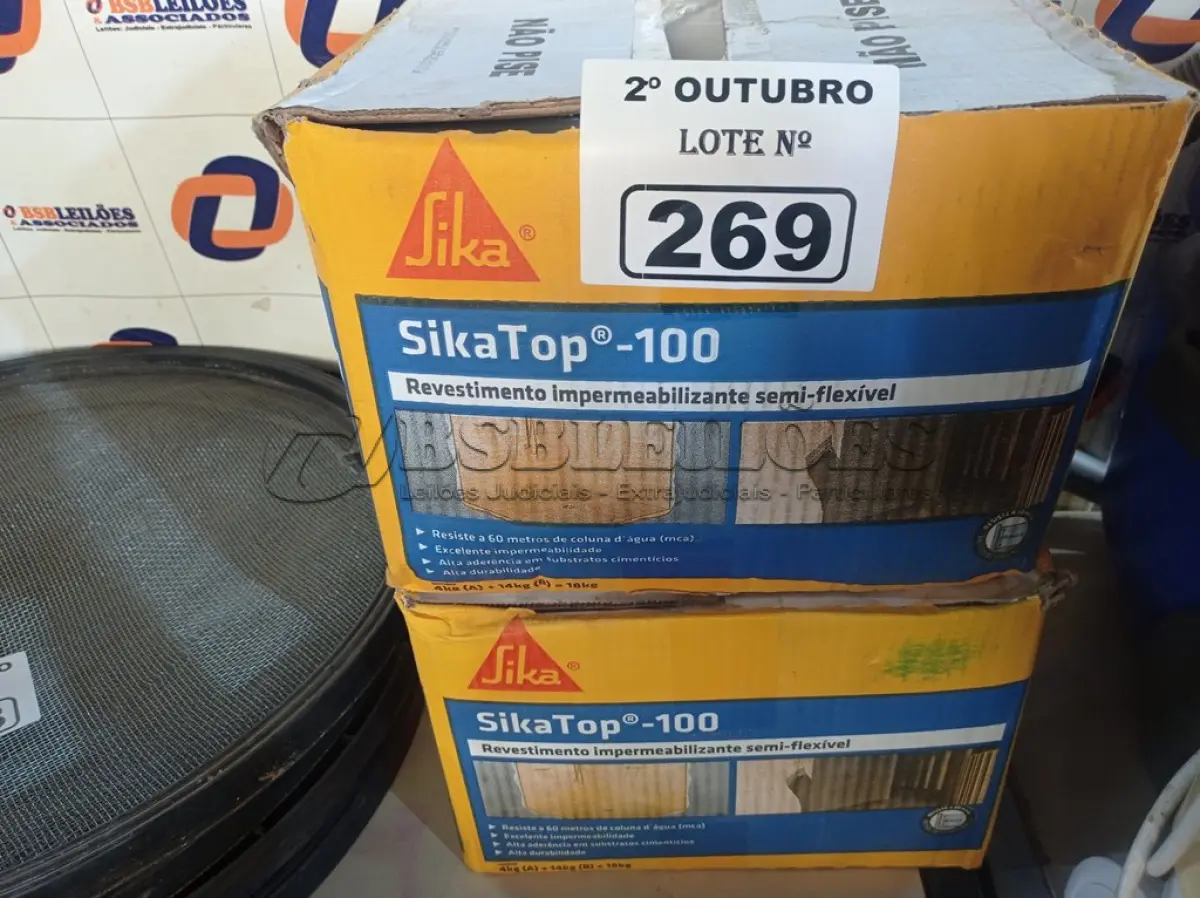 LOTE 269 - 02 CAIXAS DE SIKA TOP-100, REVESTIMENTO IMPERMEABILIZANTE SEMIFLEXÍVEL. (NO ESTADO) ATENÇÃO! FAZER A VISITAÇÃO ANTES DE ARREMATAR, NÃO SABEMOS SE FUNCIONA. LEILÃO NÃO TEM GARANTIA E NEM DEVOLUÇÃO, SUJEITO A POSSÍVEIS AVARIAS VISÍVEIS/OCULTAS E/OU AUSÊNCIA DE COMPONENTES.