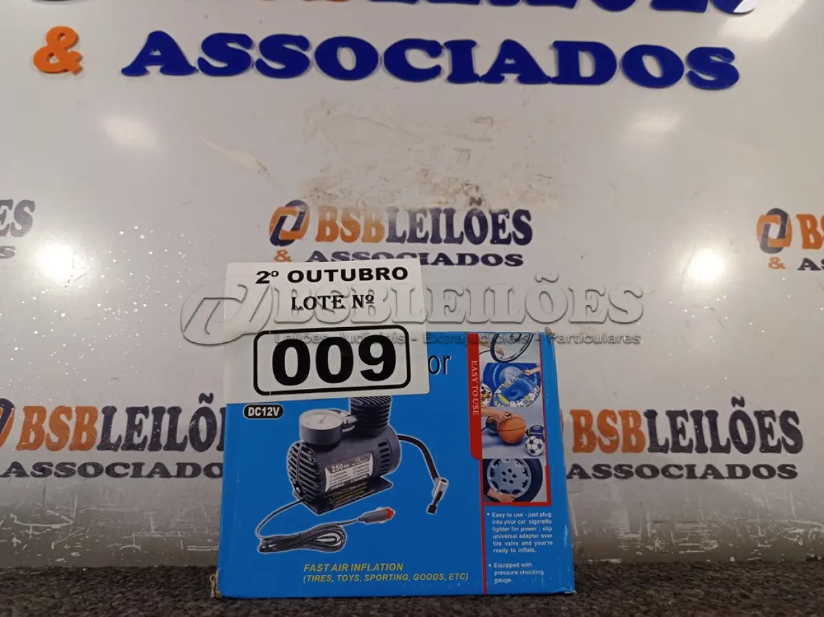 LOTE 009 - 01 MINI COMPRESSOR DE AR 12V. (NO ESTADO) ATENÇÃO! FAZER A VISITAÇÃO ANTES DE ARREMATAR, NÃO SABEMOS SE FUNCIONA. LEILÃO NÃO TEM GARANTIA E NEM DEVOLUÇÃO, SUJEITO A POSSÍVEIS AVARIAS VISÍVEIS/OCULTAS E/OU AUSÊNCIA DE COMPONENTES.