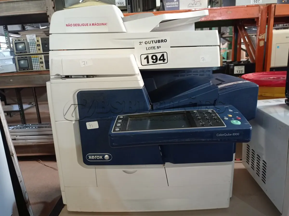LOTE 194 - 01 IMPRESSORA MULTIFUNCIONAL MARCA XEROX MODELO COLORQUBE 8900. (NO ESTADO) ATENÇÃO! FAZER A VISITAÇÃO ANTES DE ARREMATAR, NÃO SABEMOS SE FUNCIONA. LEILÃO NÃO TEM GARANTIA E NEM DEVOLUÇÃO, SUJEITO A POSSÍVEIS AVARIAS VISÍVEIS/OCULTAS E/OU AUSÊNCIA DE COMPONENTES.