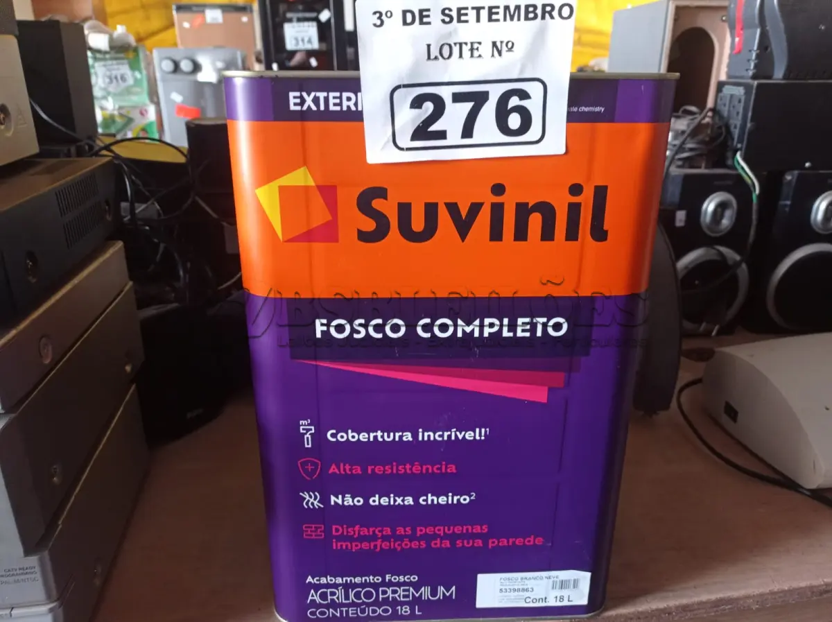 LOTE 276 - 01 LATA DE TINTA SUVINIL INTERIORES /EXTERIORES SEM CHEIRO 18L NA COR FOSCO BRANCO NEVE. (NO ESTADO) ATENÇÃO! FAZER A VISITAÇÃO ANTES DE ARREMATAR, NÃO SABEMOS SE FUNCIONA. LEILÃO NÃO TEM GARANTIA E NEM DEVOLUÇÃO, SUJEITO A POSSÍVEIS AVARIAS VISÍVEIS/OCULTAS E/OU AUSÊNCIA DE COMPONENTES.