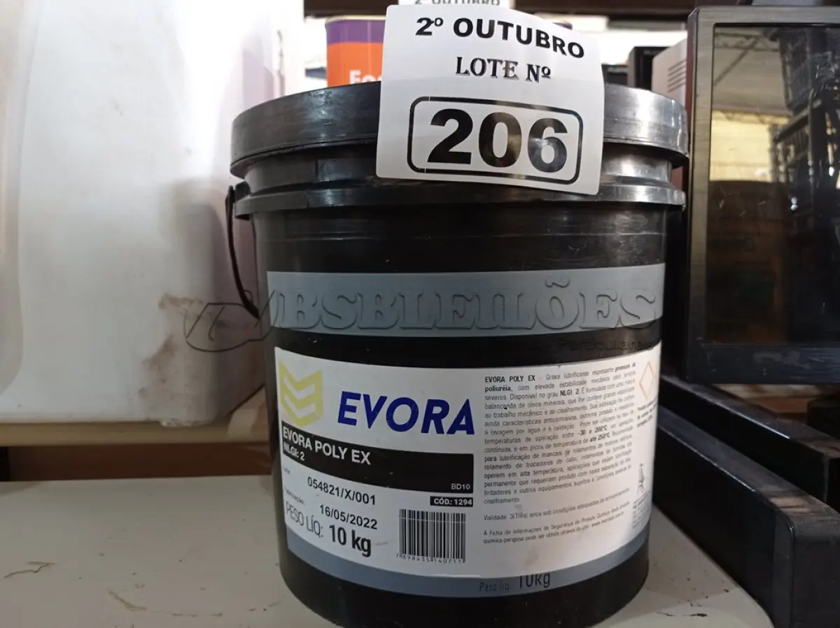 LOTE 206 - 01 BALDE DE GRAXA EVORA POLY EX NLGI:2 10KG. (NO ESTADO) ATENÇÃO! FAZER A VISITAÇÃO ANTES DE ARREMATAR, NÃO SABEMOS SE FUNCIONA. LEILÃO NÃO TEM GARANTIA E NEM DEVOLUÇÃO, SUJEITO A POSSÍVEIS AVARIAS VISÍVEIS/OCULTAS E/OU AUSÊNCIA DE COMPONENTES.