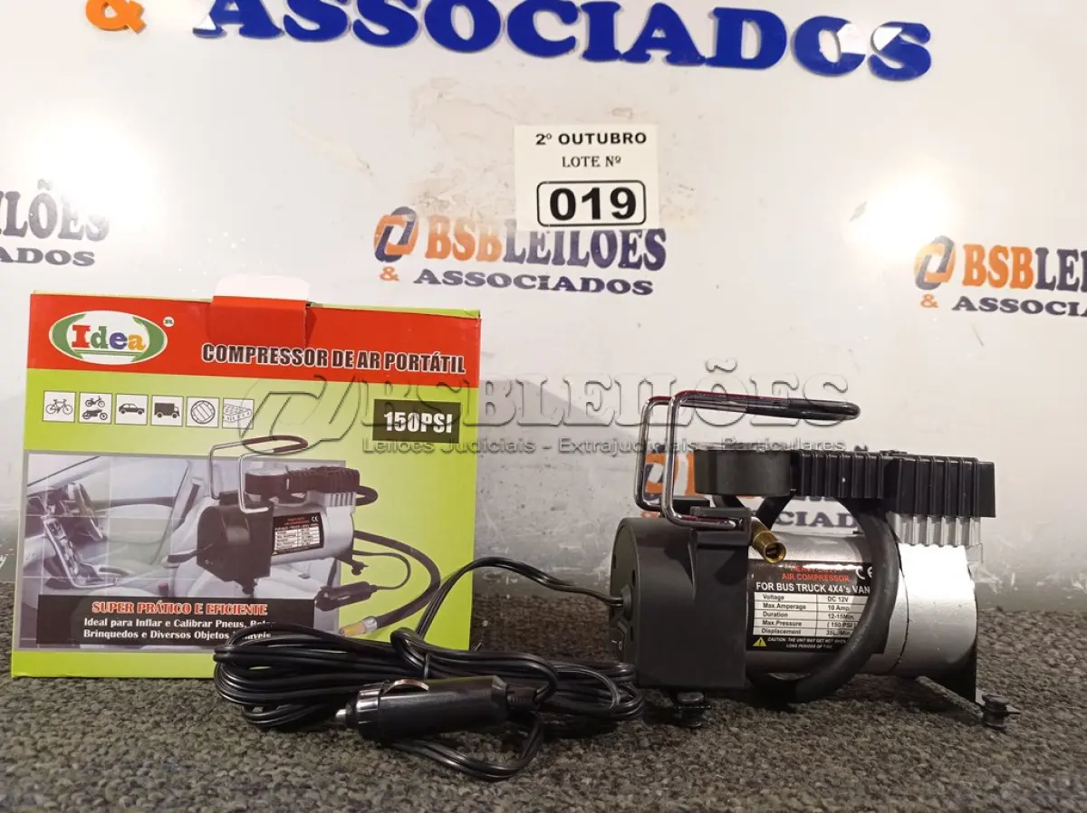 LOTE 019 - 01 MINI COMPRESSOR DE AR 12V 150 PSI. (NO ESTADO) ATENÇÃO! FAZER A VISITAÇÃO ANTES DE ARREMATAR, NÃO SABEMOS SE FUNCIONA. LEILÃO NÃO TEM GARANTIA E NEM DEVOLUÇÃO, SUJEITO A POSSÍVEIS AVARIAS VISÍVEIS/OCULTAS E/OU AUSÊNCIA DE COMPONENTES.