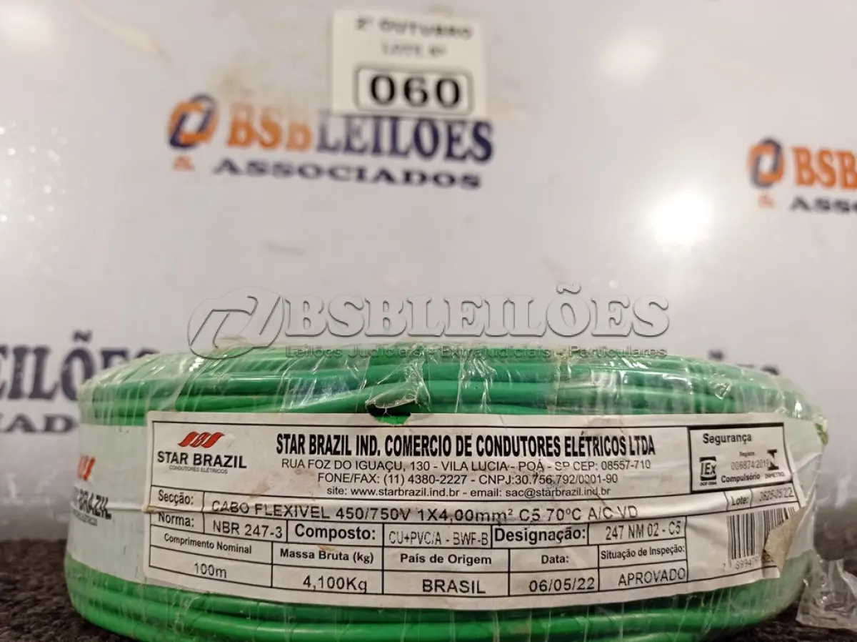 LOTE 060 - 01 ROLO DE CABO FLEXÍVEL 100M 4MM NA COR VERDE. (NO ESTADO) ATENÇÃO! FAZER A VISITAÇÃO ANTES DE ARREMATAR, NÃO SABEMOS SE FUNCIONA. LEILÃO NÃO TEM GARANTIA E NEM DEVOLUÇÃO, SUJEITO A POSSÍVEIS AVARIAS VISÍVEIS/OCULTAS E/OU AUSÊNCIA DE COMPONENTES.