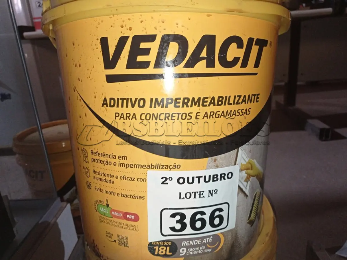 LOTE 366 - 01 BALDE DE VEDACIT, ADITIVO IMPERMEABILIZANTE PARA CONCRETOS E ARGAMASSAS 18L. (NO ESTADO) ATENÇÃO! FAZER A VISITAÇÃO ANTES DE ARREMATAR, NÃO SABEMOS SE FUNCIONA. LEILÃO NÃO TEM GARANTIA E NEM DEVOLUÇÃO, SUJEITO A POSSÍVEIS AVARIAS VISÍVEIS/OCULTAS E/OU AUSÊNCIA DE COMPONENTES.