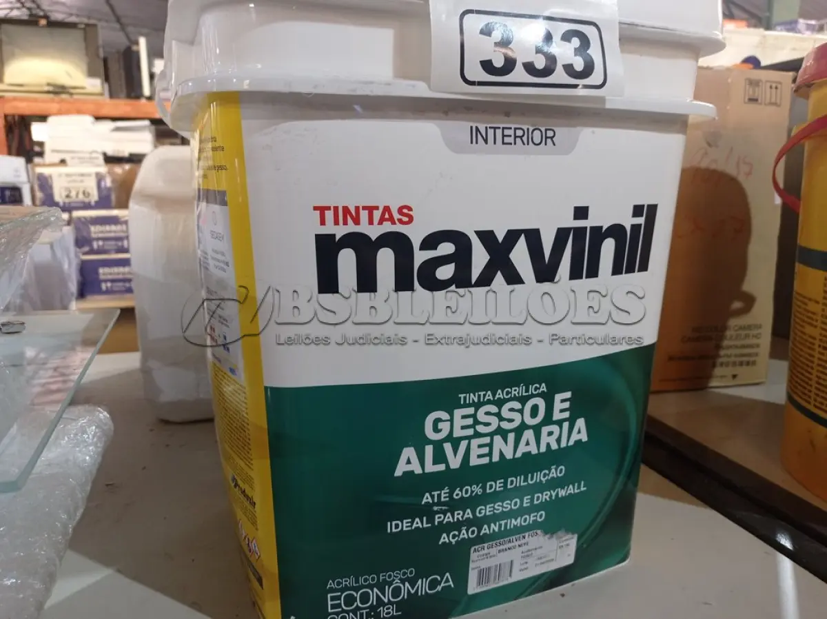 LOTE 333 - 01 BALDE DE TINTA MAXIVINIL INTERIORES NA COR FOSCO BRANCO NEVE. (NO ESTADO) ATENÇÃO! FAZER A VISITAÇÃO ANTES DE ARREMATAR, NÃO SABEMOS SE FUNCIONA. LEILÃO NÃO TEM GARANTIA E NEM DEVOLUÇÃO, SUJEITO A POSSÍVEIS AVARIAS VISÍVEIS/OCULTAS E/OU AUSÊNCIA DE COMPONENTES.