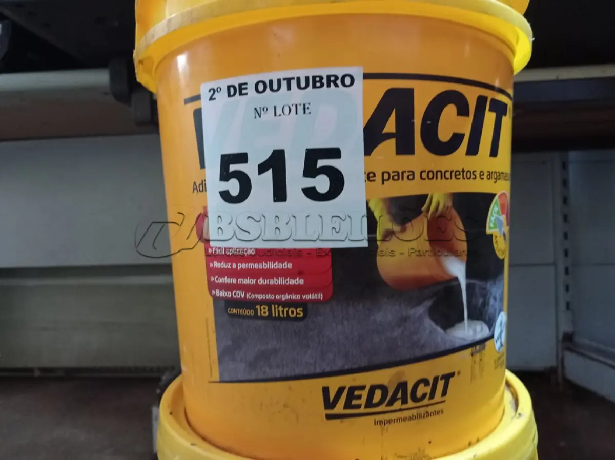 LOTE 515 - 01 BALDE DE VEDACIT, ADITIVO IMPERMEABILIZANTE PARA CONCRETOS E ARGAMASSAS 18L. (NO ESTADO) ATENÇÃO! FAZER A VISITAÇÃO ANTES DE ARREMATAR, NÃO SABEMOS SE FUNCIONA. LEILÃO NÃO TEM GARANTIA E NEM DEVOLUÇÃO, SUJEITO A POSSÍVEIS AVARIAS VISÍVEIS/OCULTAS E/OU AUSÊNCIA DE COMPONENTES.