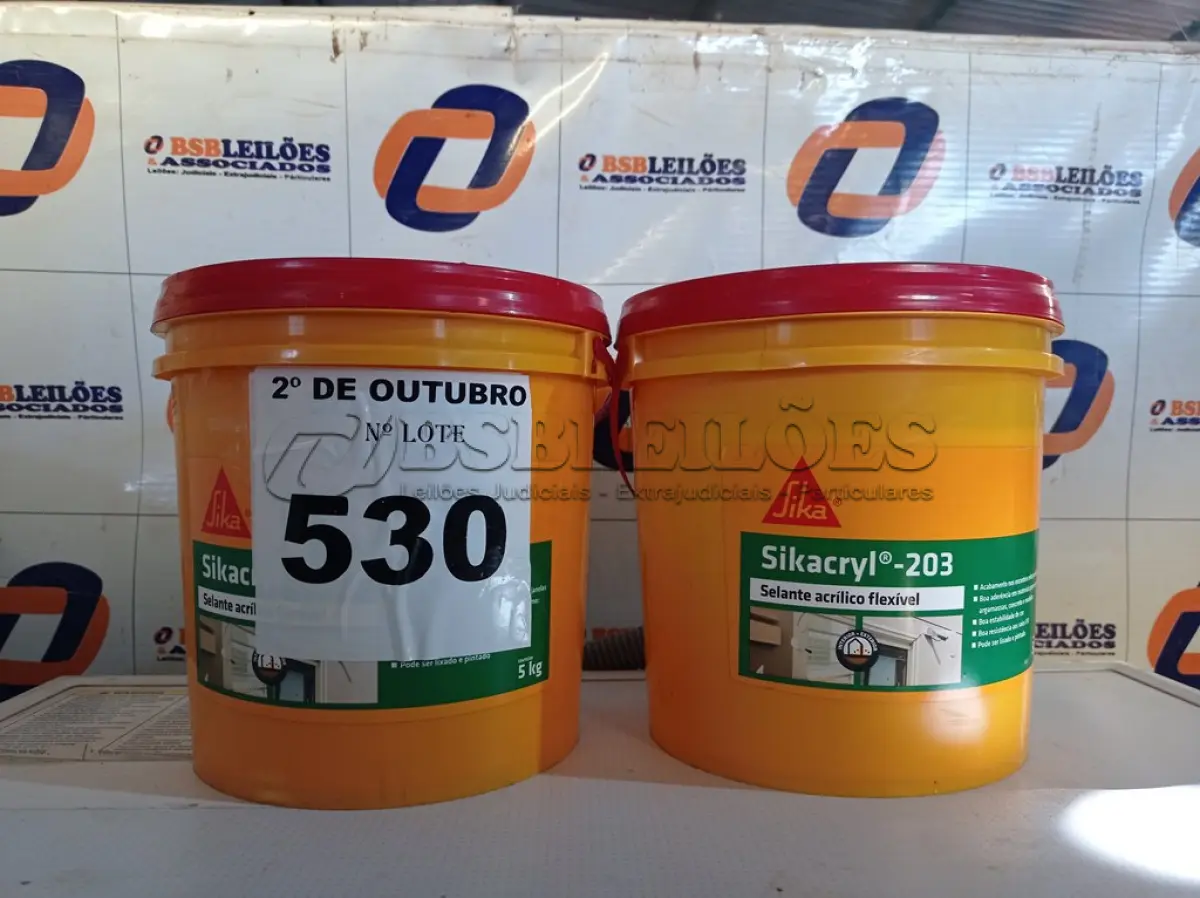 LOTE 530 - 02 BALDES DE SIKACRYL-203 5KG, SELANTE ACRÍLICO FLEXÍVEL. (NO ESTADO) ATENÇÃO! FAZER A VISITAÇÃO ANTES DE ARREMATAR, NÃO SABEMOS SE FUNCIONA. LEILÃO NÃO TEM GARANTIA E NEM DEVOLUÇÃO, SUJEITO A POSSÍVEIS AVARIAS VISÍVEIS/OCULTAS E/OU AUSÊNCIA DE COMPONENTES.