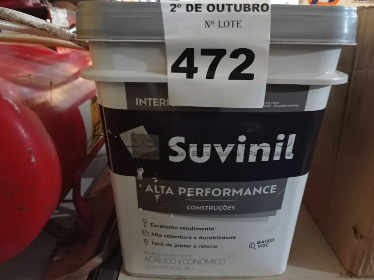 LOTE 472 - 01 BALDE DE TINTA SUVINIL INTERIORES NA COR FOSCO BRANCO 18L. (NO ESTADO) ATENÇÃO! FAZER A VISITAÇÃO ANTES DE ARREMATAR, NÃO SABEMOS SE FUNCIONA. LEILÃO NÃO TEM GARANTIA E NEM DEVOLUÇÃO, SUJEITO A POSSÍVEIS AVARIAS VISÍVEIS/OCULTAS E/OU AUSÊNCIA DE COMPONENTES.