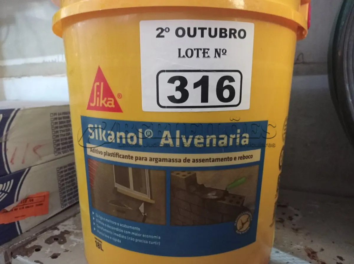 LOTE 316 - 01 BALDE DE SIKANOL ALVENARIA, ADITIVO PLASTIFICANTE PARA ARGAMASSA DE ASSENTAMENTO E REBOCO. (NO ESTADO) ATENÇÃO! FAZER A VISITAÇÃO ANTES DE ARREMATAR, NÃO SABEMOS SE FUNCIONA. LEILÃO NÃO TEM GARANTIA E NEM DEVOLUÇÃO, SUJEITO A POSSÍVEIS AVARIAS VISÍVEIS/OCULTAS E/OU AUSÊNCIA DE COMPONENTES.