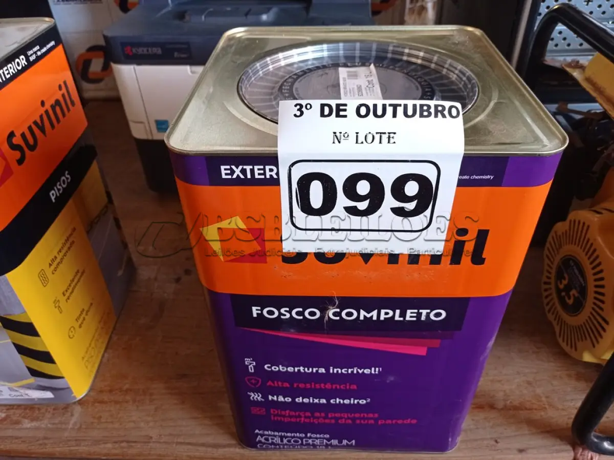 LOTE 099 - 01 LATA DE TINTA SUVINIL INTERIORES/EXTERIORES 18L NA COR FOSCO BRANCO NEVE. (NO ESTADO) ATENÇÃO! FAZER A VISITAÇÃO ANTES DE ARREMATAR, NÃO SABEMOS SE FUNCIONA. LEILÃO NÃO TEM GARANTIA E NEM DEVOLUÇÃO, SUJEITO A POSSÍVEIS AVARIAS VISÍVEIS/OCULTAS E/OU AUSÊNCIA DE COMPONENTES.