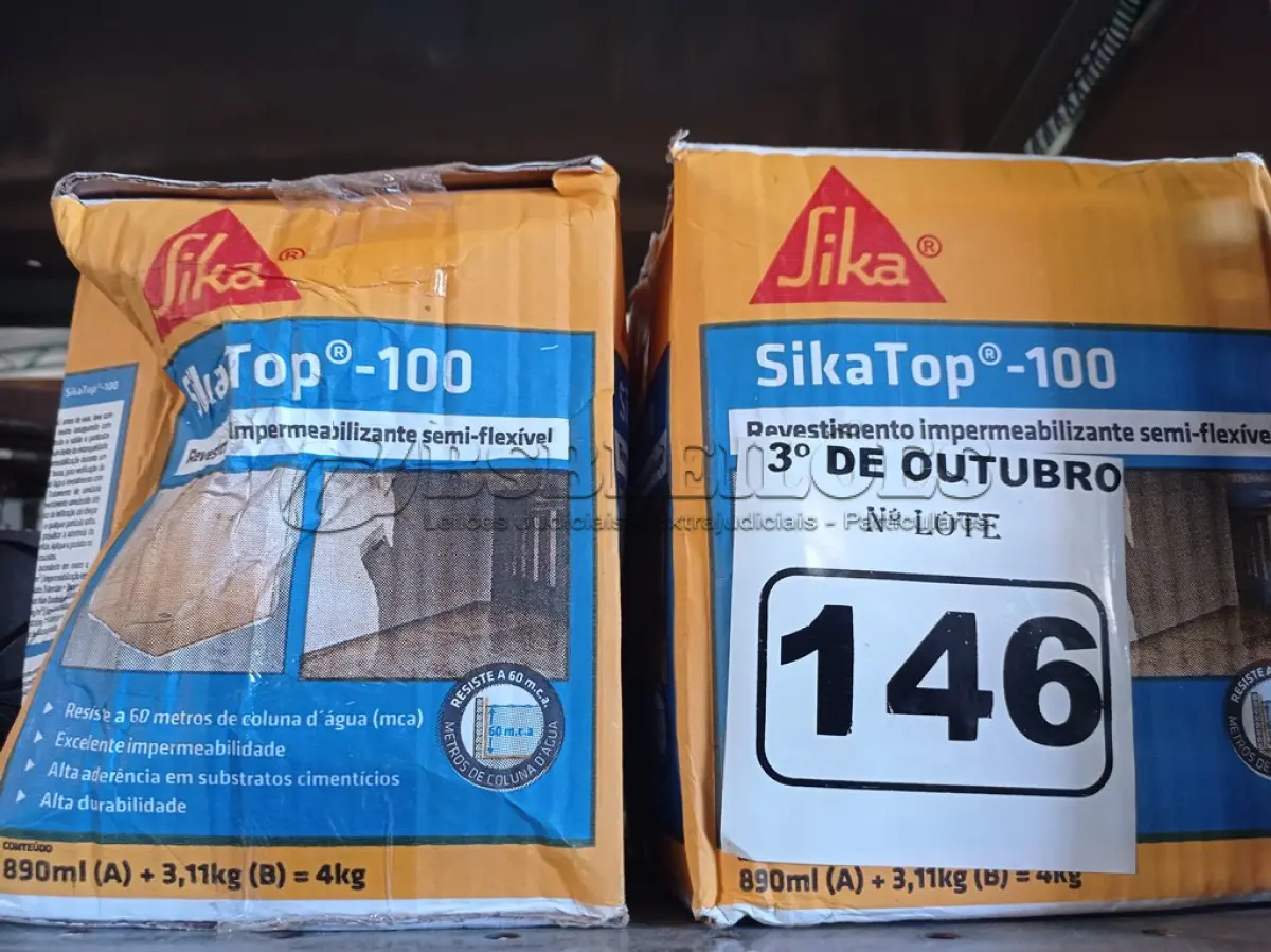 LOTE 146 - 04 CAIXAS DE SIKA TOP-100, REVESTIMENTO IMPERMEABILIZANTE SEMI-FLEXIVEL 4KG. (NO ESTADO) ATENÇÃO! FAZER A VISITAÇÃO ANTES DE ARREMATAR, NÃO SABEMOS SE FUNCIONA. LEILÃO NÃO TEM GARANTIA E NEM DEVOLUÇÃO, SUJEITO A POSSÍVEIS AVARIAS VISÍVEIS/OCULTAS E/OU AUSÊNCIA DE COMPONENTES.