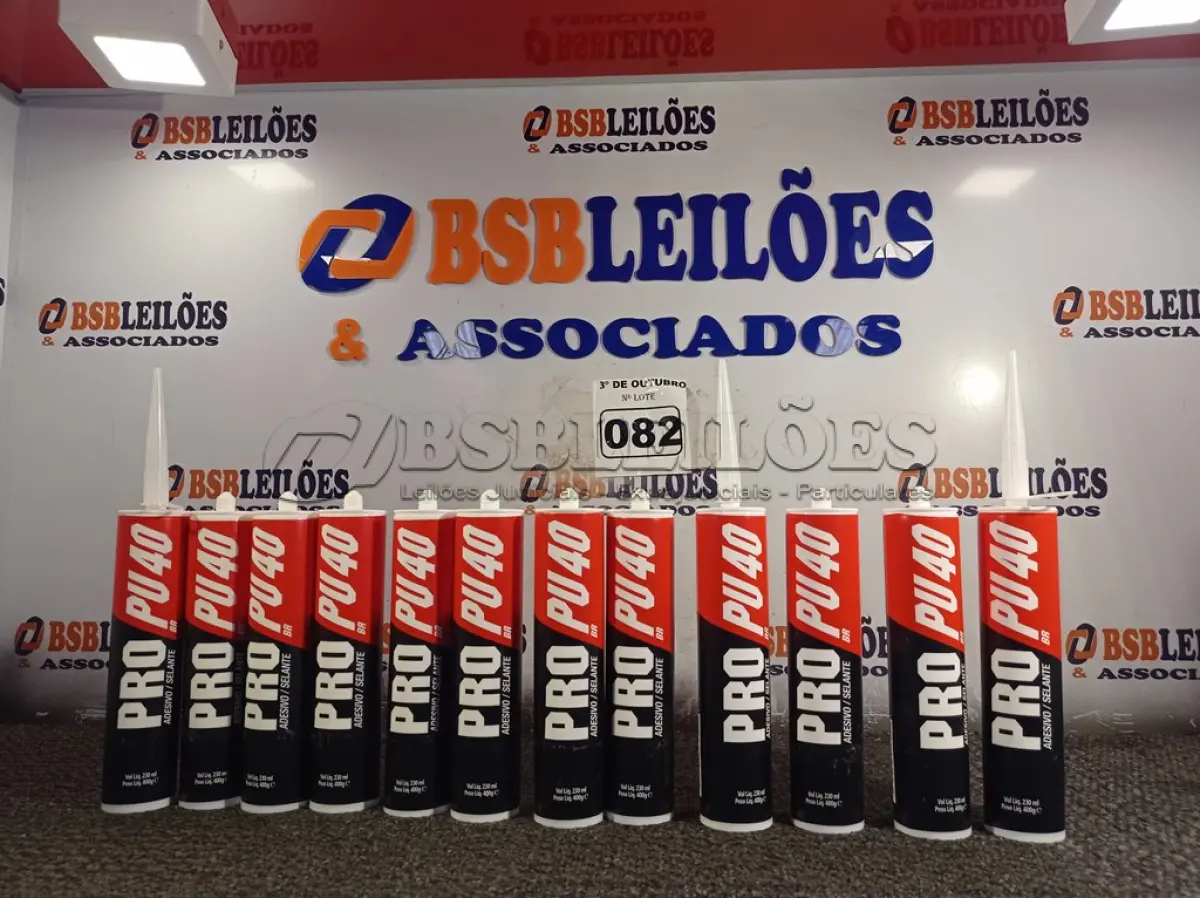 LOTE 082 - 12 TUBOS DE ADESIVO SELANTE PU40. (NO ESTADO) ATENÇÃO! FAZER A VISITAÇÃO ANTES DE ARREMATAR, NÃO SABEMOS SE FUNCIONA. LEILÃO NÃO TEM GARANTIA E NEM DEVOLUÇÃO, SUJEITO A POSSÍVEIS AVARIAS VISÍVEIS/OCULTAS E/OU AUSÊNCIA DE COMPONENTES.