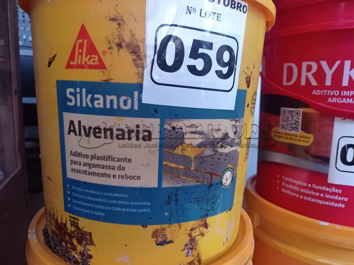 LOTE 059 - 01 BALDE DE SIKANOL ALVENARIA, ADITIVO PLASTIFICANTE PARA ARGAMASSA DE ASSENTAMENTO E REBOCO. (NO ESTADO) ATENÇÃO! FAZER A VISITAÇÃO ANTES DE ARREMATAR, NÃO SABEMOS SE FUNCIONA. LEILÃO NÃO TEM GARANTIA E NEM DEVOLUÇÃO, SUJEITO A POSSÍVEIS AVARIAS VISÍVEIS/OCULTAS E/OU AUSÊNCIA DE COMPONENTES.