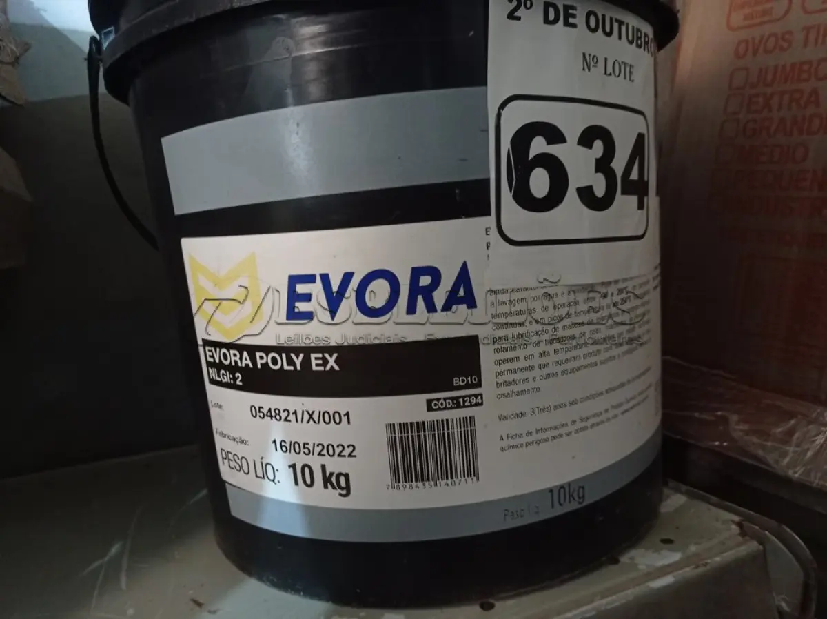 LOTE 634 - 01 BALDE DE GRAXA EVORA POLY EX NLGI:2 10KG. (NO ESTADO) ATENÇÃO! FAZER A VISITAÇÃO ANTES DE ARREMATAR, NÃO SABEMOS SE FUNCIONA. LEILÃO NÃO TEM GARANTIA E NEM DEVOLUÇÃO, SUJEITO A POSSÍVEIS AVARIAS VISÍVEIS/OCULTAS E/OU AUSÊNCIA DE COMPONENTES.