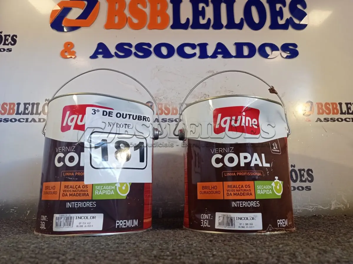 LOTE 181 - 02 GALÕES DE VERNIZ COPAL INCOLOR IQUINE 3,6L. (NO ESTADO) ATENÇÃO! FAZER A VISITAÇÃO ANTES DE ARREMATAR, NÃO SABEMOS SE FUNCIONA. LEILÃO NÃO TEM GARANTIA E NEM DEVOLUÇÃO, SUJEITO A POSSÍVEIS AVARIAS VISÍVEIS/OCULTAS E/OU AUSÊNCIA DE COMPONENTES.