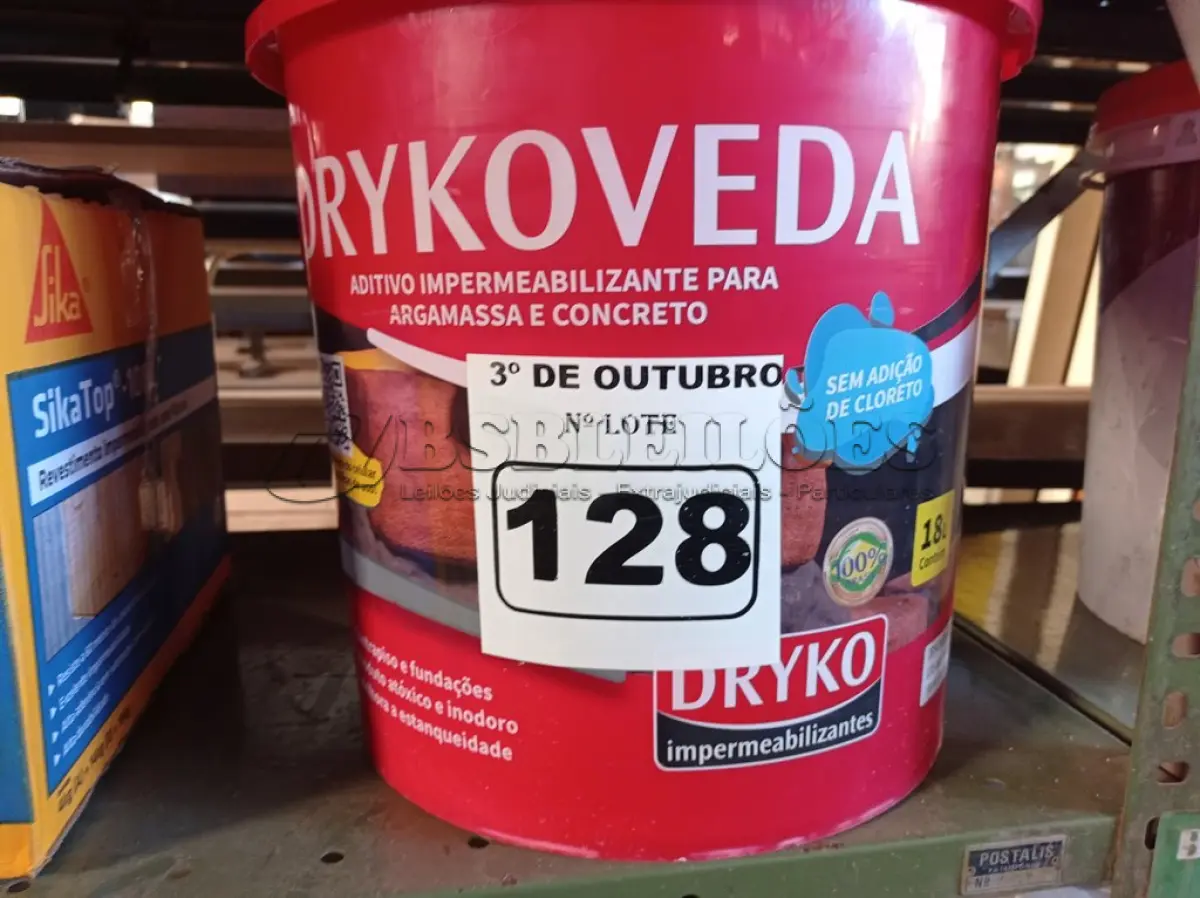LOTE 128 - 01 BALDE DE DRYKOVEDA, ADITIVO IMPERMEABILIZANTE PARA CONCRETO E ARGAMASSA 18L. (NO ESTADO) ATENÇÃO! FAZER A VISITAÇÃO ANTES DE ARREMATAR, NÃO SABEMOS SE FUNCIONA. LEILÃO NÃO TEM GARANTIA E NEM DEVOLUÇÃO, SUJEITO A POSSÍVEIS AVARIAS VISÍVEIS/OCULTAS E/OU AUSÊNCIA DE COMPONENTES.
