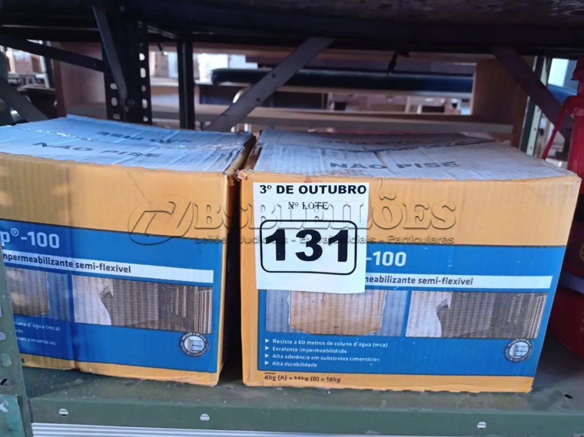 LOTE 131 - 02 CAIXAS DE SIKA TOP-100, REVESTIMENTO IMPERMEABILIZANTE SEMI-FLEXIVEL 18KG. (NO ESTADO) ATENÇÃO! FAZER A VISITAÇÃO ANTES DE ARREMATAR, NÃO SABEMOS SE FUNCIONA. LEILÃO NÃO TEM GARANTIA E NEM DEVOLUÇÃO, SUJEITO A POSSÍVEIS AVARIAS VISÍVEIS/OCULTAS E/OU AUSÊNCIA DE COMPONENTES.
